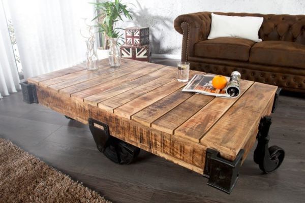 Massiver Design Couchtisch 110cm Mangoholz mit 4 Rädern