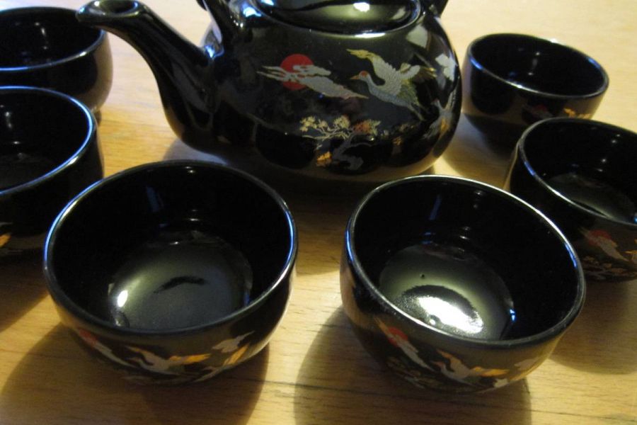 Asien - Teeservice - Kanne + 6 Teeschalen - schwarz - Bild 2